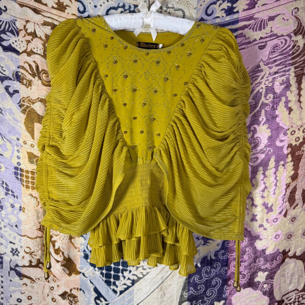 Chartreuse Gold Unique Beaded Whimsy Fairy Bohemian Chic Women's Top Size M - Picture 15 of 16